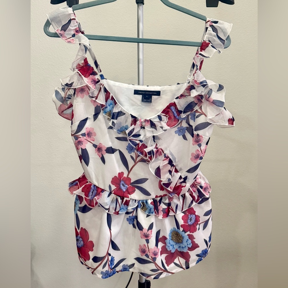 French Connection Aden Bai Lurex Frill Cami Top Summer White Cerise Size 6 NWOT